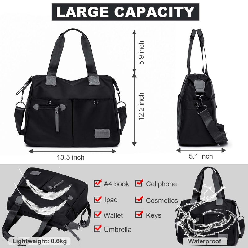 YouNuo Women's Tote Bag with Multiple Pockets & Zipper, Black 1, Nylon, 13"L x 11.8"H x 5.1"D, 6"-drop dual handles, Detachable adjustable shoulder strap included - Image 4